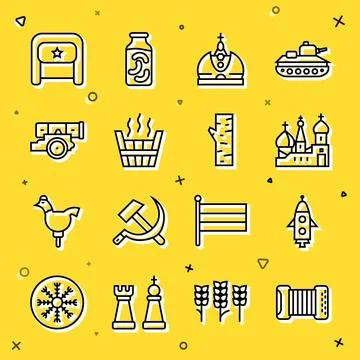 Set line Accordion, Rocket ship, Saint Basil's Cathedral, King crown, Sauna.. Illustrazione stock