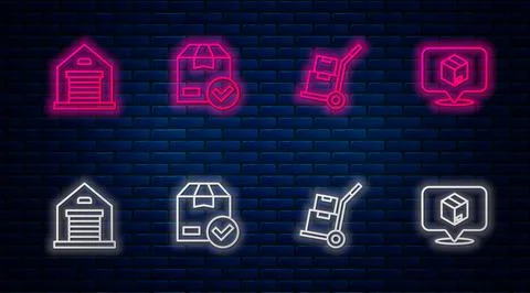 Set line ackage box with check mark, Hand truck and boxes, Warehouse and Ilustración de archivo