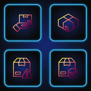 Set line ackage box with check mark, Delivery security shield, hand and Carton Stock Illustration