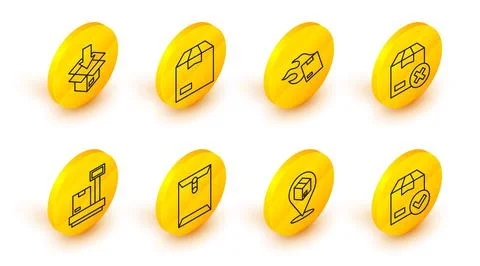 Set line ackage box with check mark, Location cardboard, Envelope, Scale, Carton Stock Illustration