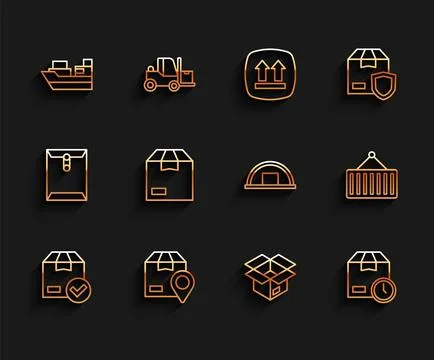 Set line ackage box with check mark, Location cardboard, Cargo ship boxes Ilustración de archivo