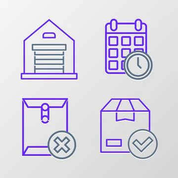Set line ackage box with check mark, Delete envelope, Cardboard calendar and Ilustración de archivo