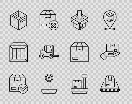 Set line ackage box with check mark, Conveyor belt, Carton cardboard, Scale,  库存插图