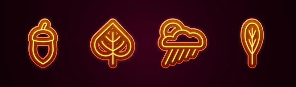 Set line Acorn, Leaf, Cloud with rain and sun and . Glowing neon icon. Vector Stock Illustration
