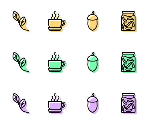 Set line Acorn, Leaf, Coffee cup and Pickled cucumbers in jar icon. Vector Stock Illustration