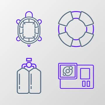 Set line Action camera, Aqualung, Lifebuoy and Turtle icon. Vector 스톡 일러스트