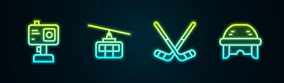 Set line Action camera, Cable car, Ice hockey sticks and Hockey helmet. Glowing Stock Illustration