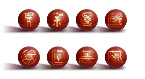 Set line Action camera, Camera shutter, Graphic tablet, Softbox light, Battery Illustrazione stock