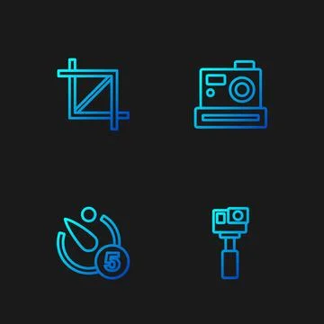 Set line Action camera, Camera timer, Picture crop photo and Photo. Gradien.. Stock Illustration