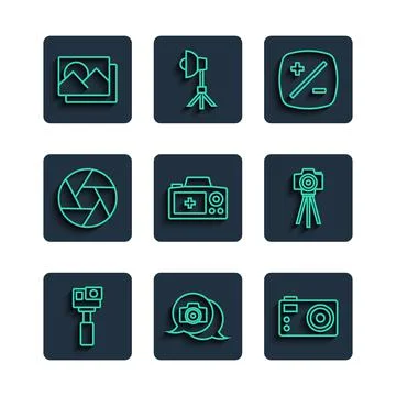 Set line Action camera, Photo, Exposure compensation, Camera shutter, frame and Stock Illustration