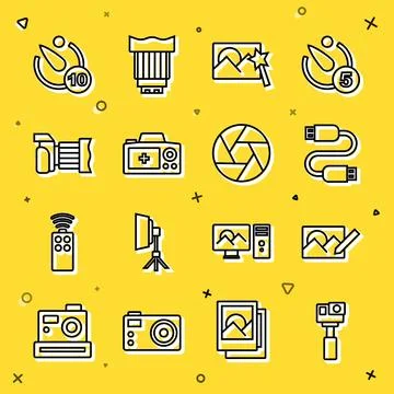 Set line Action camera, Photo retouching, USB cable cord, Camera timer and Stock Illustration