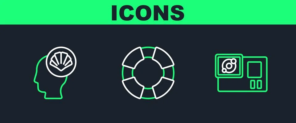 Set line Action camera, Scallop sea shell and Lifebuoy icon. Vector Stock Illustration