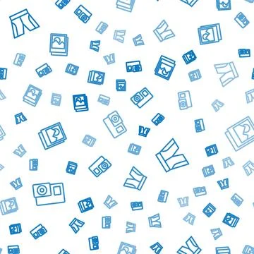 Set line Action camera, Short or pants and Photo on seamless pattern. Vector Illustrazione stock