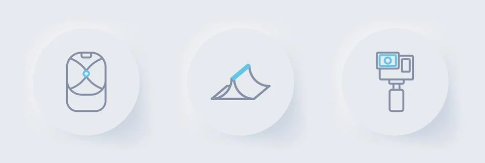 Set line Action camera, Skate park and Baseball cap icon. Vector Stock Illustration