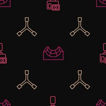 Set line Action camera, Skateboard Y-tool and park on seamless pattern. Vector Stock Illustration