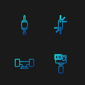 Set line Action camera, Skateboard wheel, Screwdriver and Tool allen keys. .. Stock Illustration