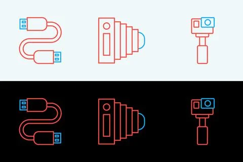 Set line Action camera, USB cable cord and Photo icon. Vector Stock Illustration