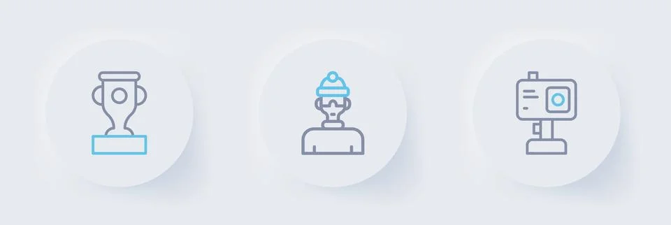 Set line Action camera, Winter athlete and Award cup icon. Vector Stock Illustration