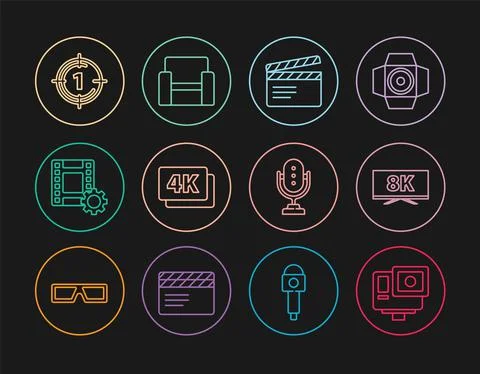 Set line Action extreme camera, Screen tv with 8k, Movie clapper, 4k Ultra HD Stock Illustration