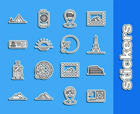 Set line Action extreme camera, Coliseum in Rome, Italy, Eiffel tower, Map Stock Illustration