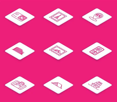 Set line Action extreme camera, Map pointer with Egypt pyramids, Coliseum Rome 스톡 일러스트