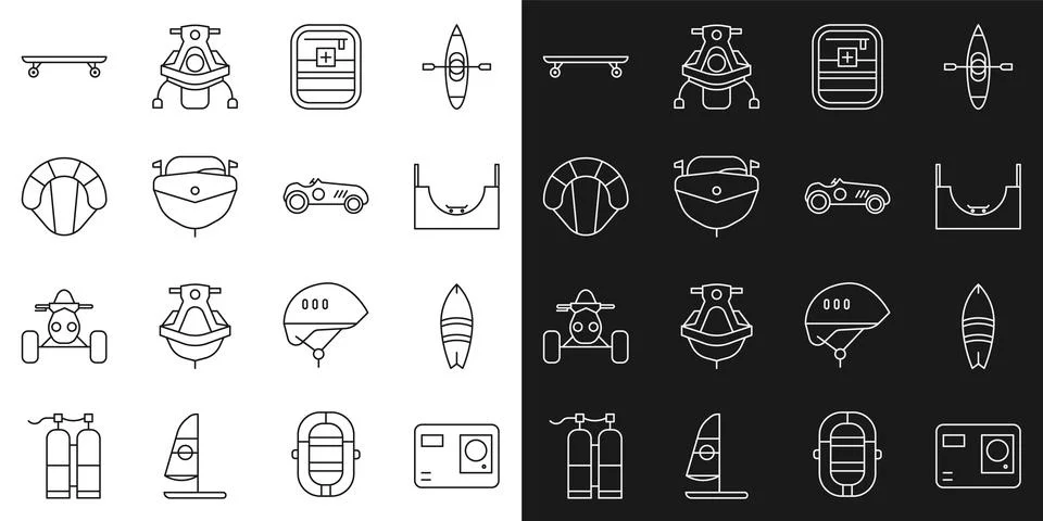 Set line Action extreme camera, Surfboard, Skate park, First aid kit, Speedboat Stock Illustration