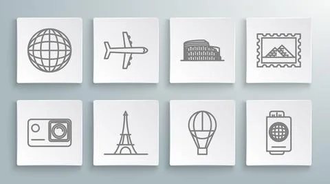 Set line Action extreme camera, Plane, Eiffel tower, Hot air balloon, Passport Stock Illustration