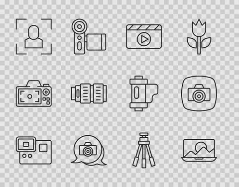 Set line Action extreme camera, Photo retouching, Movie clapper, Camera focus Stock Illustration
