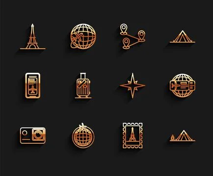 Set line Action extreme camera, Globe with flying plane, Eiffel tower, Postal Illustrazione stock
