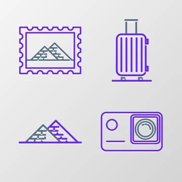 Set line Action extreme camera, Egypt pyramids, Suitcase for travel and Postal Illustration