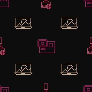 Set line Action extreme camera, Photo retouching and on seamless pattern. Vector 스톡 일러스트