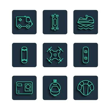 Set line Action extreme camera, Helmet and action, Parachute, Jet ski, Drone Stock Illustration