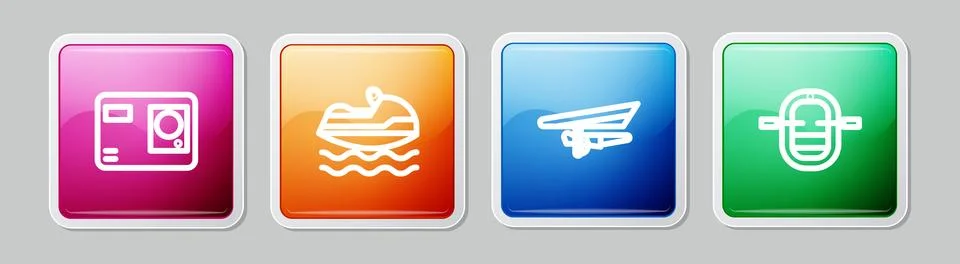 Set line Action extreme camera, Jet ski, Hang glider and Rafting boat. Colorful Stock Illustration