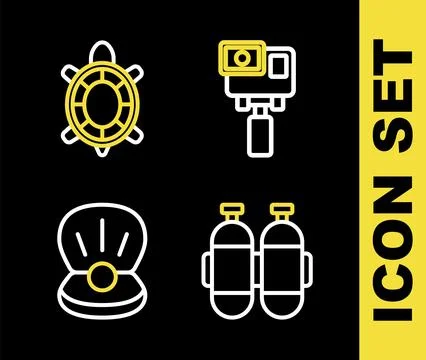 Set line Action extreme camera, Aqualung, Pearl and Turtle icon. Vector Illustrazione stock