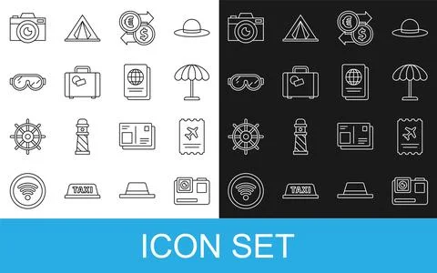 Set line Action extreme camera, Airline ticket, Sun protective umbrella for.. Stock Illustration