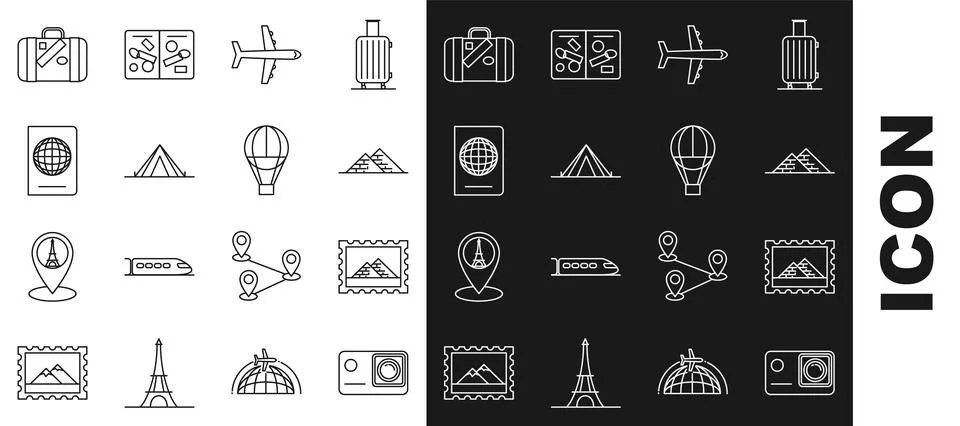 Set line Action extreme camera, Postal stamp and Egypt pyramids, Plane, Tou.. Stock Illustration