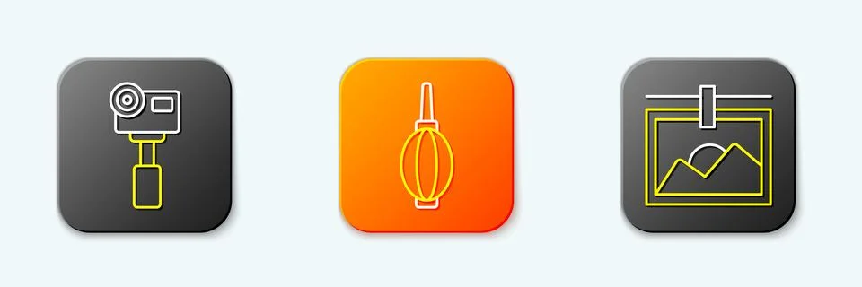 Set line Action extreme camera, Dust blower and Photo frame icon. Vector Illustrazione stock