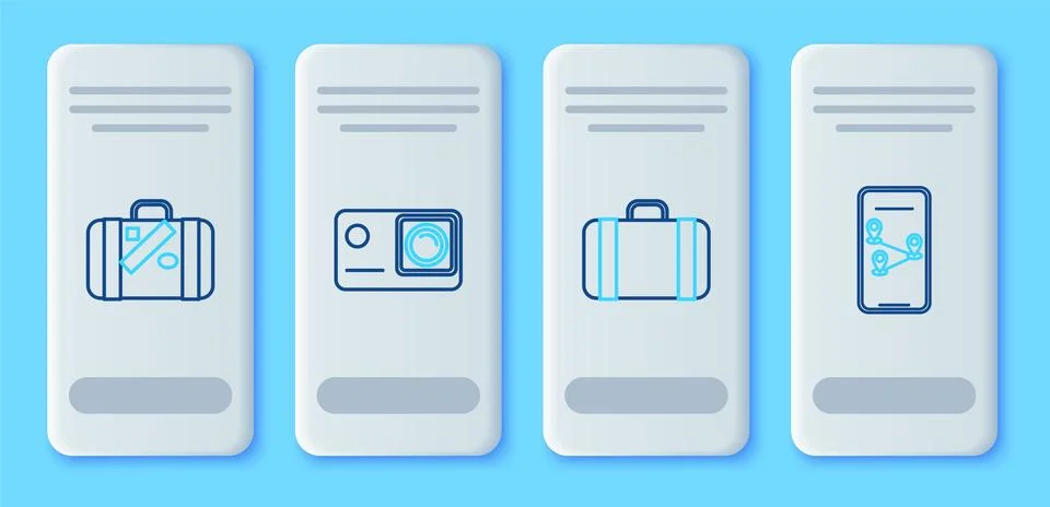 Set line Action extreme camera, Suitcase for travel, and stickers and Infog.. Stock Illustration