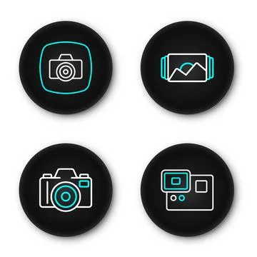 Set line Action extreme camera, Photo, frame and  icon. Vector Stock Illustration