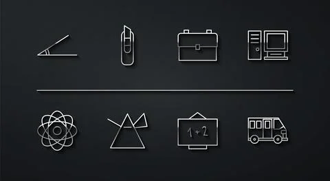 Set line Acute angle, Atom, Computer monitor, Chalkboard, Light rays in prism Stock Illustration