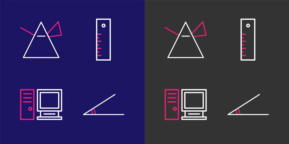 Set line Acute angle, Computer monitor, Ruler and Light rays in prism icon... Stock Illustration