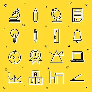Set line Acute angle, Laptop, Ringing bell, Earth globe, Pen, Light bulb wi.. Stock Illustration
