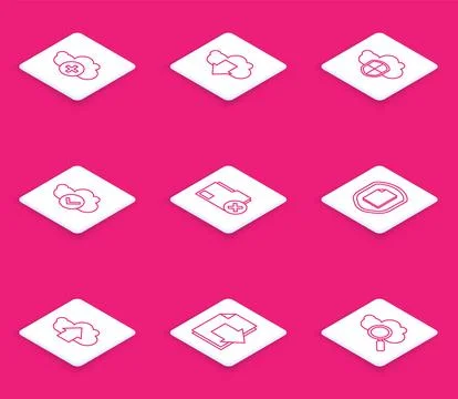 Set line Add cloud, Cloud download, and shield, with check mark, Delete folder Stock Illustration