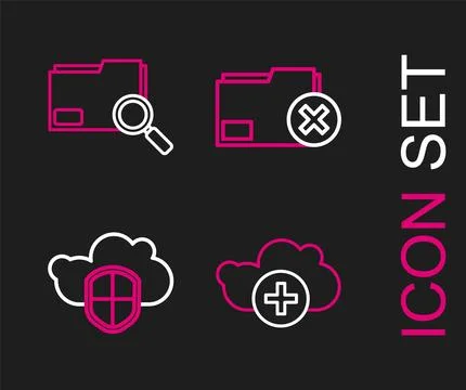 Set line Add cloud, Cloud and shield, Delete folder and Search concept with.. Ilustración de archivo