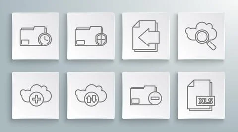 Set line Add cloud, Document folder protection, Cloud download and upload, with Stock Illustration