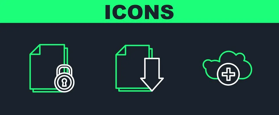 Set line Add cloud, Document and lock and with download icon. Vector Illustrazione stock