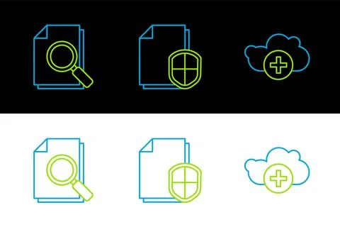 Set line Add cloud, Document with search and protection concept icon. Vector 库存插图