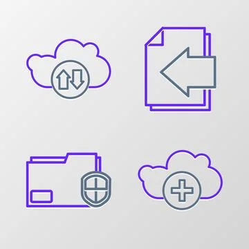 Set line Add cloud, Document folder protection, Next page arrow and Cloud d.. 스톡 일러스트