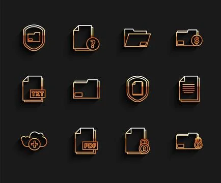 Set line Add cloud, PDF file document, Document folder protection, and lock Stock Illustration