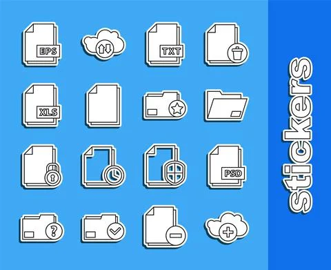 Set line Add cloud, PSD file document, Document folder, TXT, XLS, EPS and with Illustrazione stock